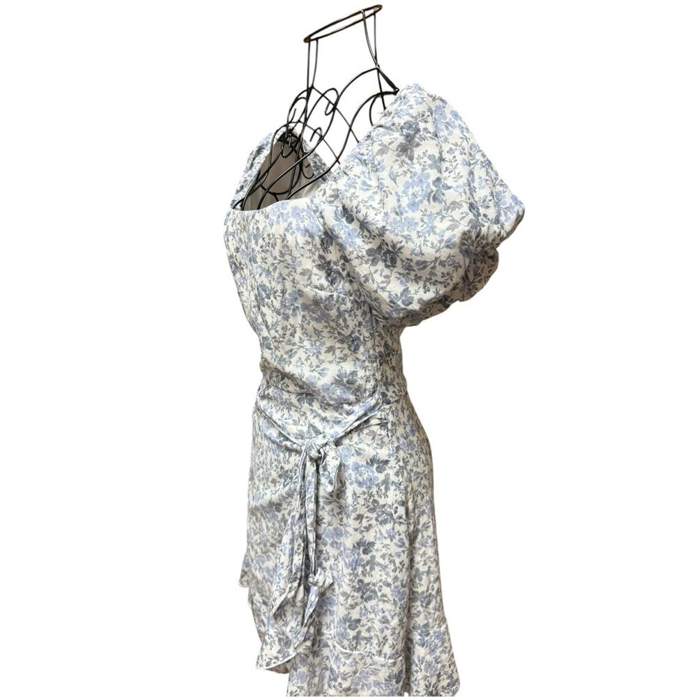 Trixxi Cream and Light Blue Puff-Sleeve Wrap Floral Mini Dress Small - Picture 4 of 9